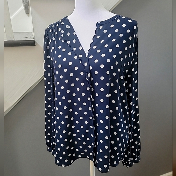 J. Crew Tops - J. Crew Blue and White Polka Dot Long Sleeve Blouse Size Medium Retro Roomy